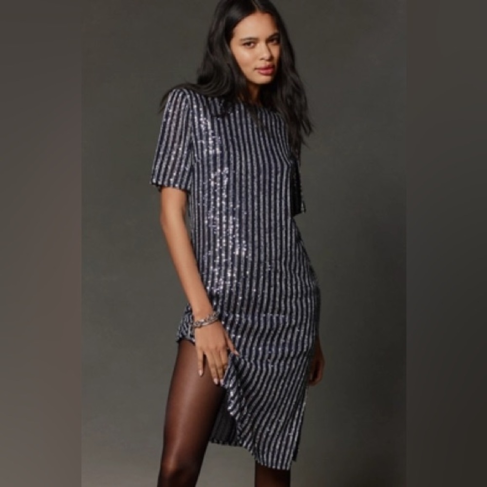 Anthropologie | FLAT WHITE SHORT-SLEEVE SEQUIN STRIPE MIDI DRESS | Small | NWT